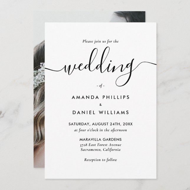 Elegant Modern Black and White Photo Bröllop Inbjudningar (Fram/baksida)