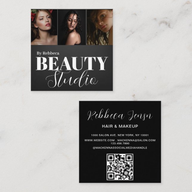 Elegant Modern Black Beauty Salon 3 Photo Fyrkantigt Visitkort (Fram/baksida)