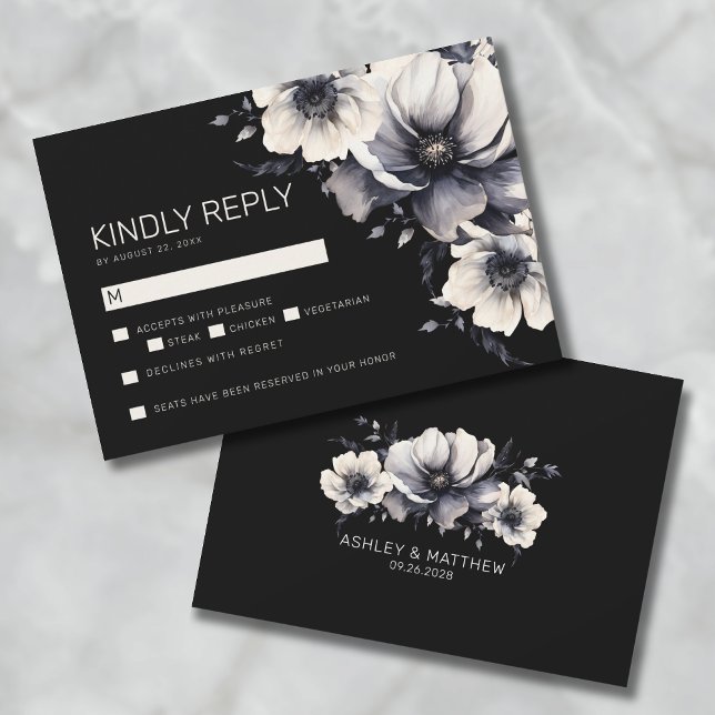 Elegant Modern Black Blommigt Bröllop OSA Anteckningskort (Elegant Modern Black Floral Wedding RSVP Note Card)