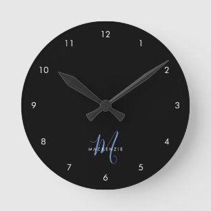 Elegant Modern Black Blue Script Monogram Rund Klocka