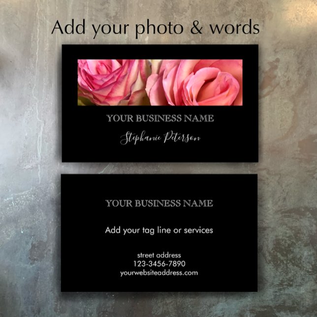 Elegant Modern Black Custom Floral Photo Template  Visitkort (Personalize this editable modern elegant script photo template business card template.
)