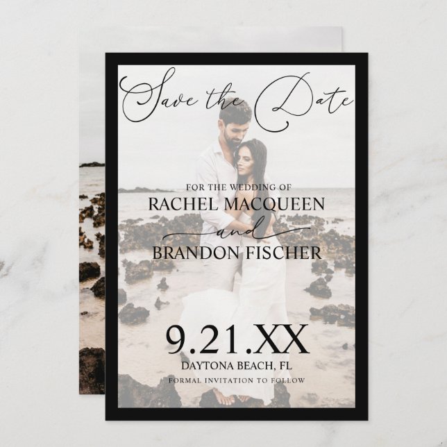 Elegant Modern Black Framework par Photo Bröllop Spara Datumet (Fram/baksida)