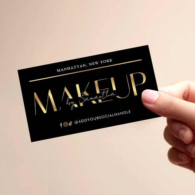 Elegant Modern Black & Gold Effect Makeup Artist Visitkort (Create stylish business cards for your makeup studio using this elegant design)