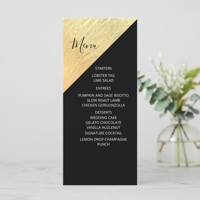 Elegant Modern Black & Gold Foil Bröllop Meny (Stående Fram)