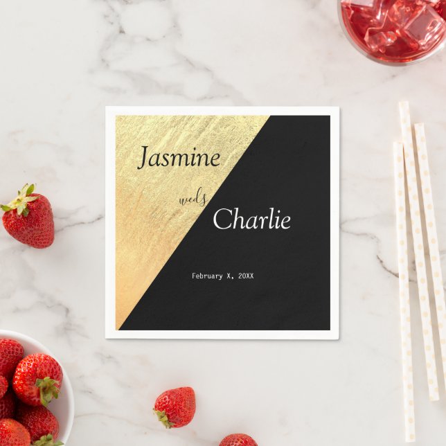 Elegant Modern Black & Gold Foil Bröllop Pappersservett (Insitu)