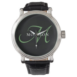 Elegant Modern Black Grönt Script Monogram Armbandsur