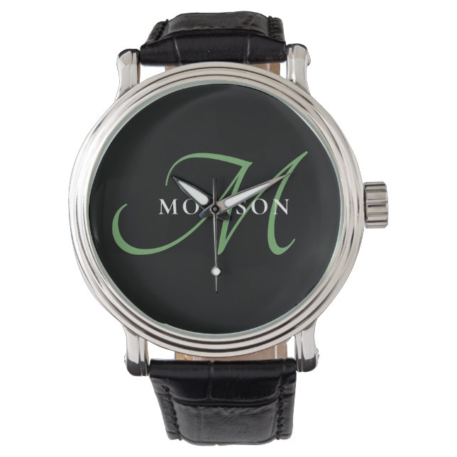 Elegant Modern Black Grönt Script Monogram Armbandsur (Framsida)