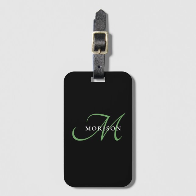 Elegant Modern Black Grönt Script Monogram Bagagebricka (Framsida vertikal)
