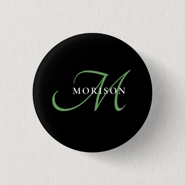 Elegant Modern Black Grönt Script Monogram Knapp (Framsida)