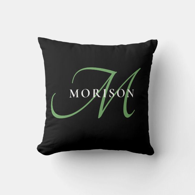 Elegant Modern Black Grönt Script Monogram Kudde (Framsida)