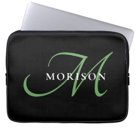 Elegant Modern Black Grönt Script Monogram Laptop Fodral