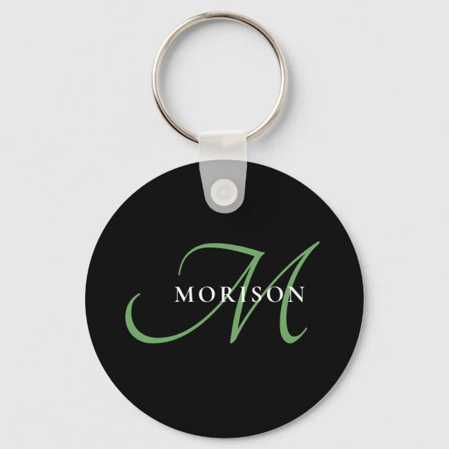 Elegant Modern Black Grönt Script Monogram Nyckelring (Framsida)