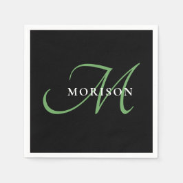 Elegant Modern Black Grönt Script Monogram Pappersservett