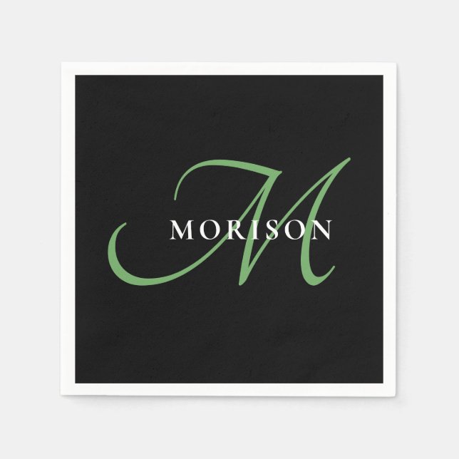 Elegant Modern Black Grönt Script Monogram Pappersservett (Framsidan)