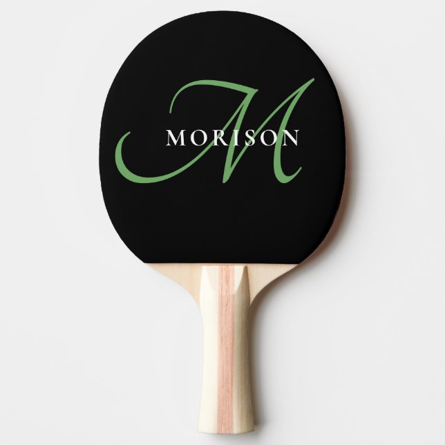 Elegant Modern Black Grönt Script Monogram Pingisracket (Framsidan)