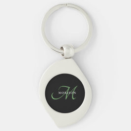 Elegant Modern Black Grönt Script Monogram Swirl Silverfärgad Nyckelring