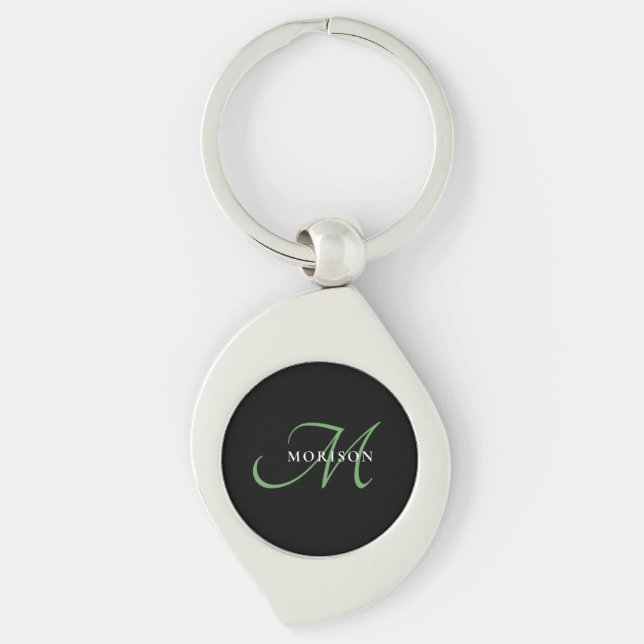 Elegant Modern Black Grönt Script Monogram Swirl Silverfärgad Nyckelring (Framsidan)