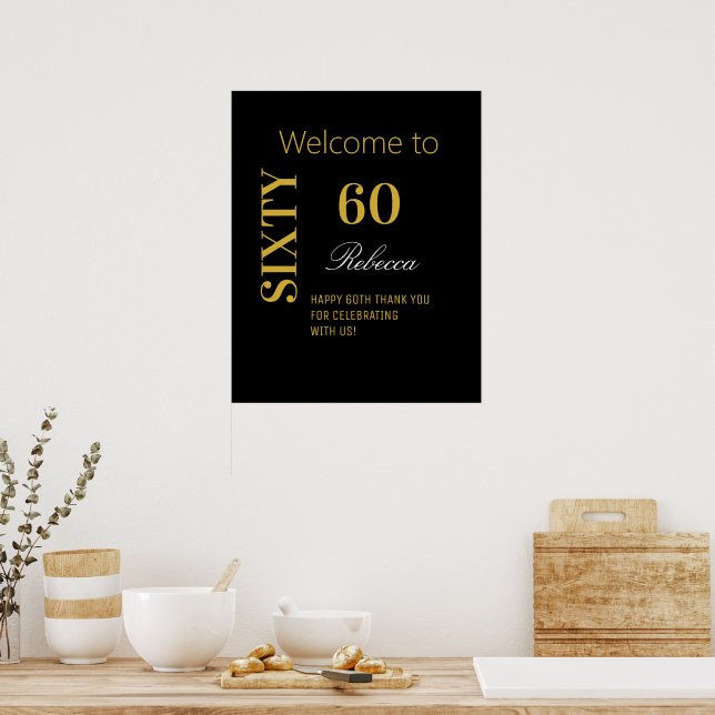 Elegant Modern Black & Guld 60:e födelsedag Poster (Kök)
