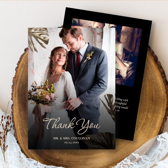 Elegant Modern Black Guld Botanical Bröllop Photo Tack Kort (Skapare uppladdad)