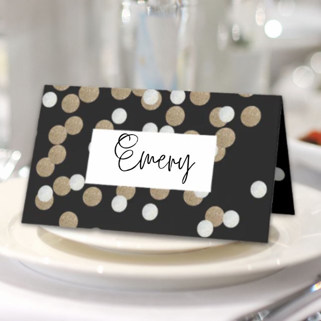 elegant modern Black Guld Confetti-Julfest Placeringskort (elegant modern Black Gold Confetti Holiday Party Place Card)