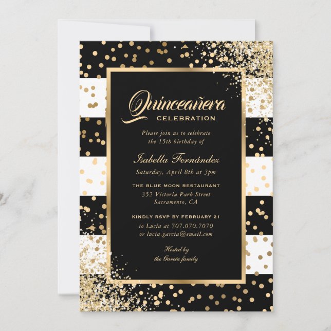 Elegant Modern Black Guld Confetti Quinceañera Inbjudningar (Framsida)