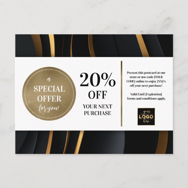 Elegant Modern Black Guld-kupongrabatt Vykort (Framsida)