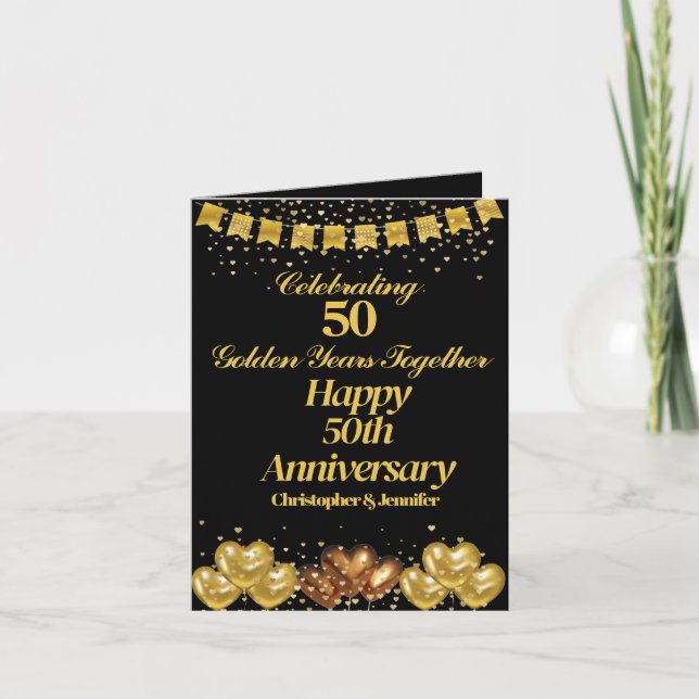 Elegant Modern Black & Guld Lycklig 50-årsjubileum Kort (Framsida)