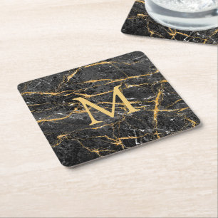 Elegant Modern Black Guld Marble Monogram Underlägg Papper Kvadrat
