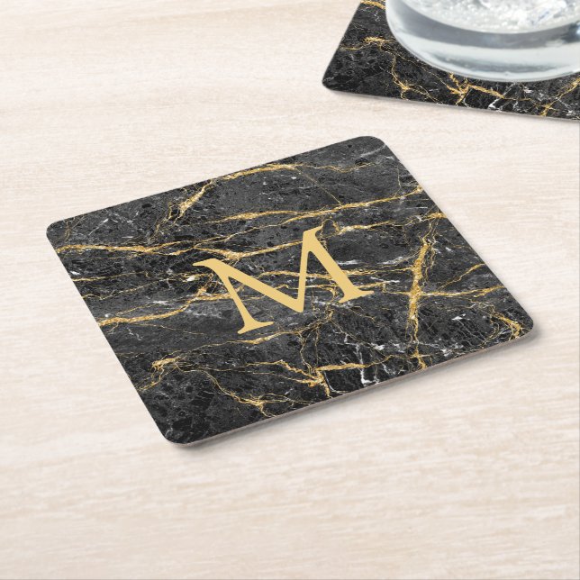 Elegant Modern Black Guld Marble Monogram Underlägg Papper Kvadrat (Vinklad)