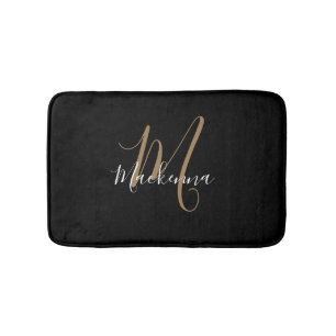 Elegant Modern Black Guld Monogram-skript Namn Badrumsmatta