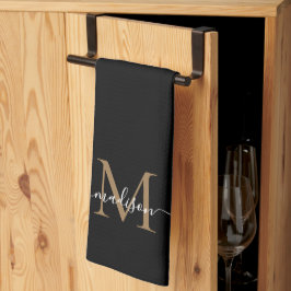 Elegant Modern Black Guld Monogram-skript Namn Kökshandduk