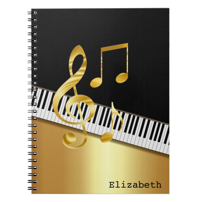 Elegant Modern Black Guld Musik noter, Piano Nyckl Anteckningsbok (Framsidan)