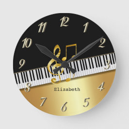 Elegant Modern Black Guld Musik noter, Piano Nyckl Rund Klocka
