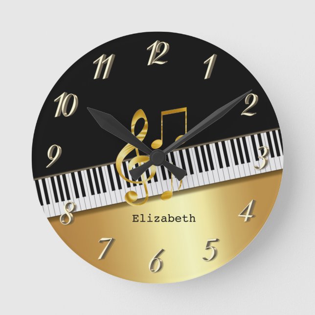 Elegant Modern Black Guld Musik noter, Piano Nyckl Rund Klocka (Framsida)
