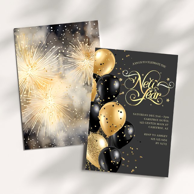 Elegant Modern Black Guld Nyårsafton Party Inbjudningar (Skapare uppladdad)