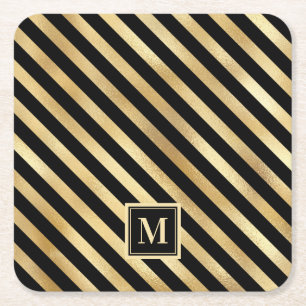 Elegant Modern Black Guld Rand Monogram Underlägg Papper Kvadrat