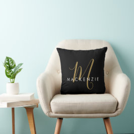 Elegant Modern Black Guld-skript Monogram Kudde