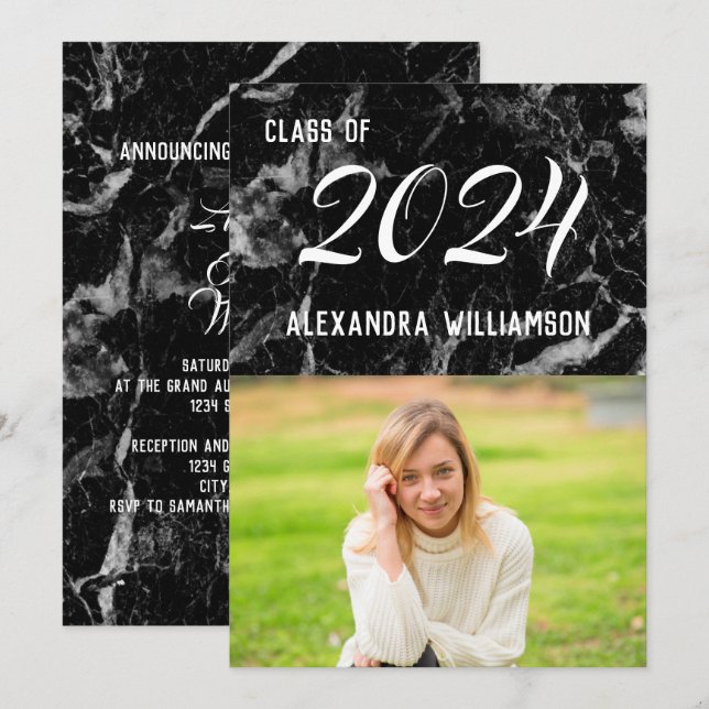 Elegant Modern Black Marble Photo Studenten Inbjudningar (Fram/baksida)