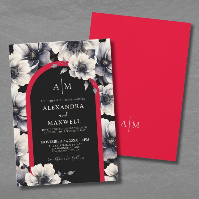 Elegant Modern Black Red Blommigt Bröllop Inbjudningar (Elegant Modern Black Red Floral Wedding Invitation)