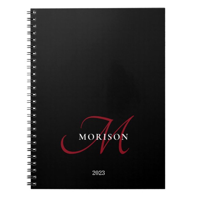 Elegant Modern Black Red Script Monogram Anteckningsbok (Framsidan)