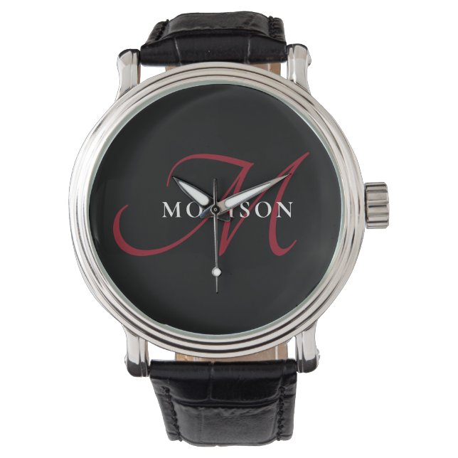 Elegant Modern Black Red Script Monogram Armbandsur (Framsida)