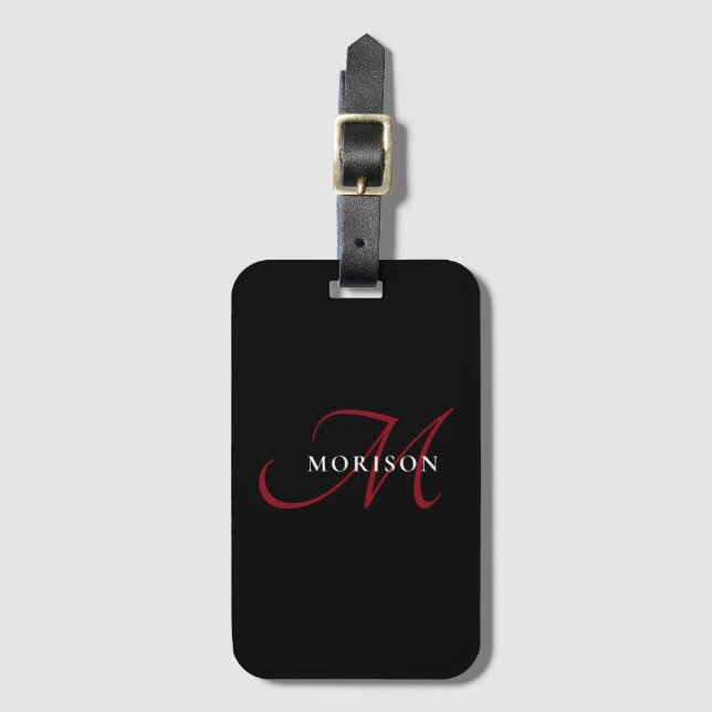 Elegant Modern Black Red Script Monogram Bagagebricka (Framsida vertikal)