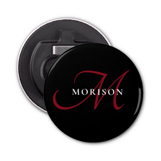 Elegant Modern Black Red Script Monogram Flasköppnare (Framsidan)