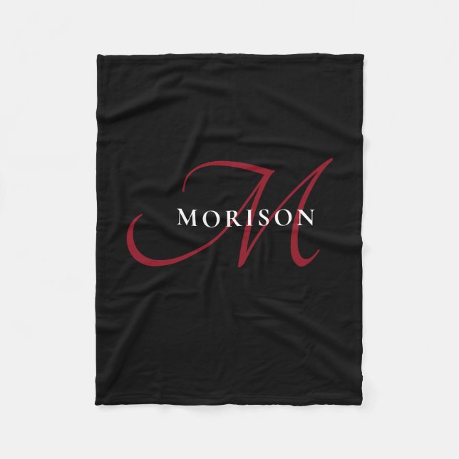 Elegant Modern Black Red Script Monogram Fleecefilt (Framsidan)