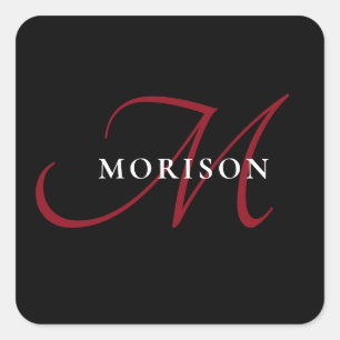 Elegant Modern Black Red Script Monogram Fyrkantigt Klistermärke