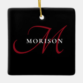 Elegant Modern Black Red Script Monogram Julgransprydnad Keramik
