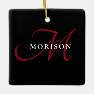 Elegant Modern Black Red Script Monogram Julgransprydnad Keramik