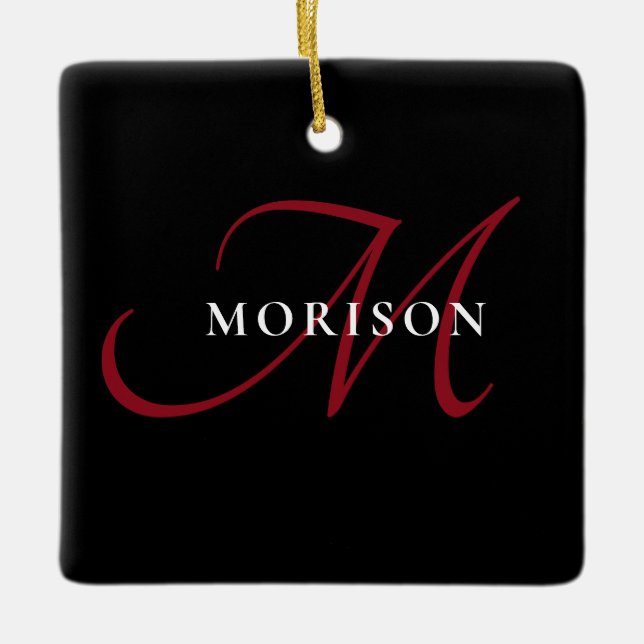 Elegant Modern Black Red Script Monogram Julgransprydnad Keramik (Framsida)