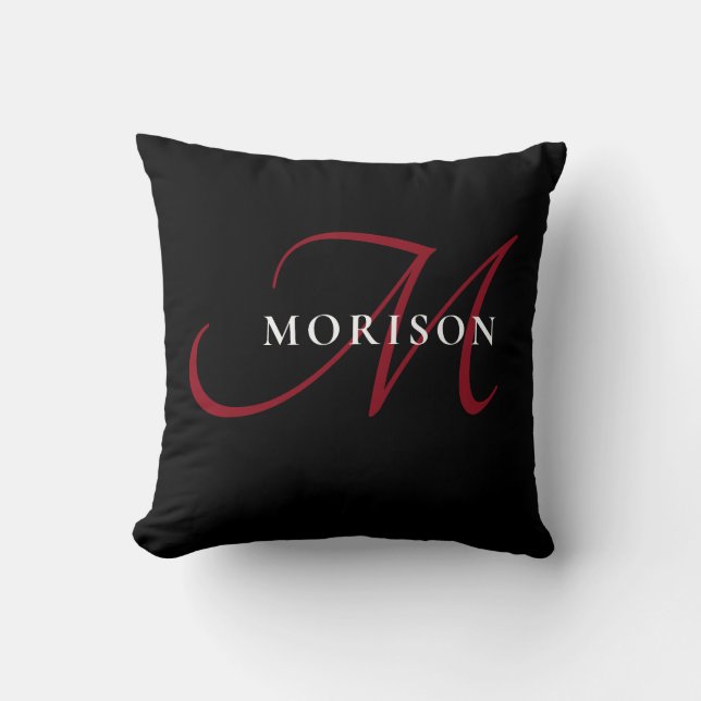 Elegant Modern Black Red Script Monogram Kudde (Framsida)
