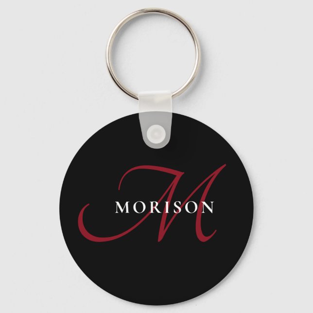 Elegant Modern Black Red Script Monogram Nyckelring (Framsida)